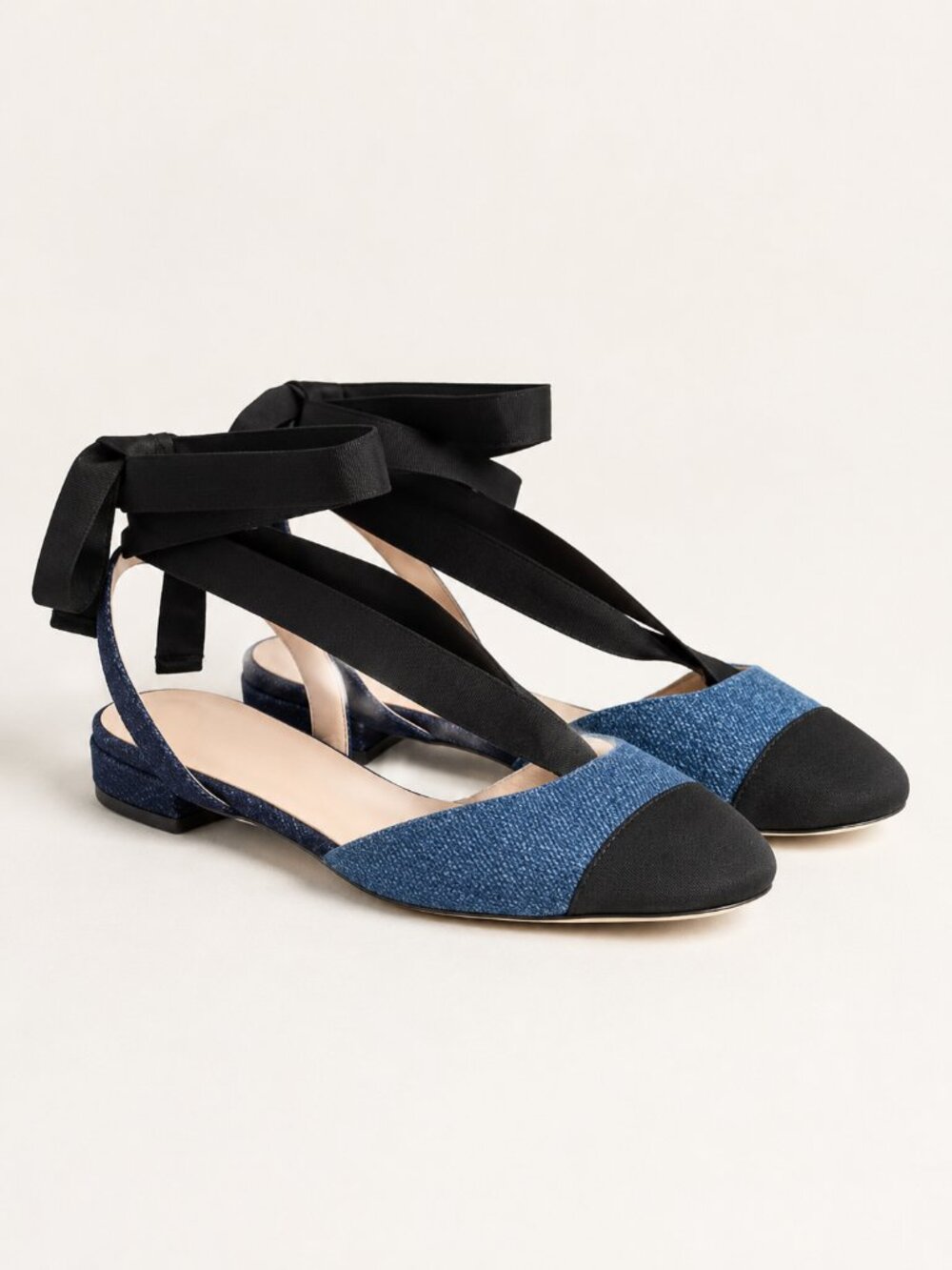 J. Crew Denim and Black Lace Up Ballet Flats